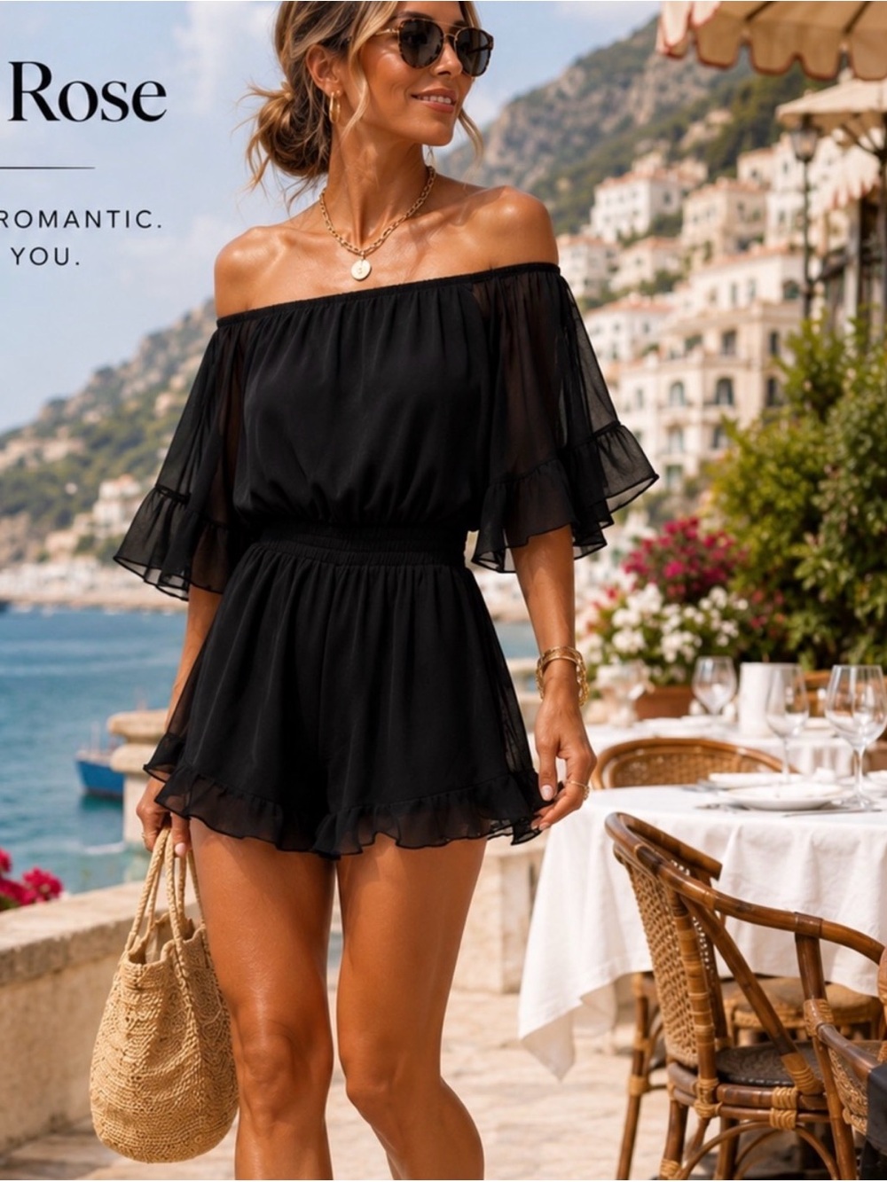 Endless Rose Black Off-Shoulder Ruffle Romper